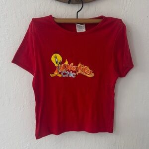 Looney Tunes Medium Ribbed Stretch 100% Cotton Red Tweety Bird Diablo Chic Tee